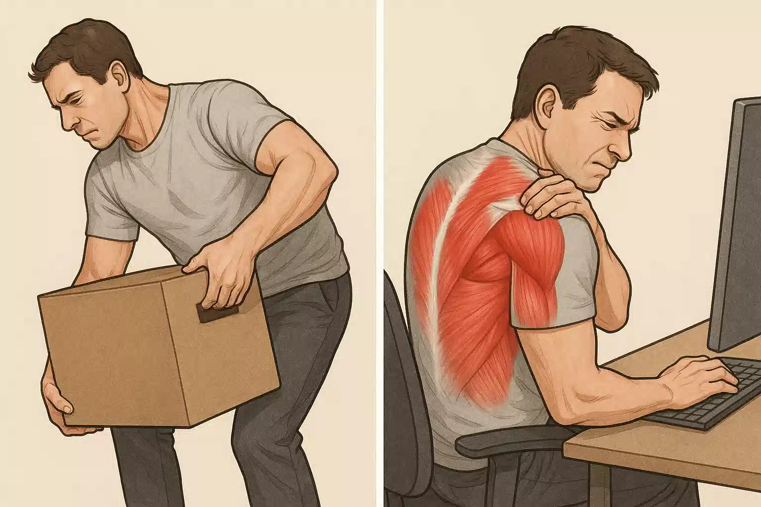 컴퓨터 앞에서 오래 앉아 오른쪽 어깨와 등을 움켜쥐는 직장인, 한쪽 팔로 무거운 물건을 드는 장면