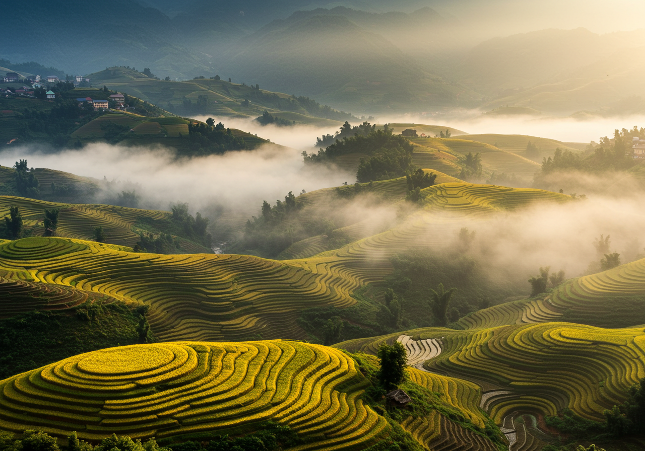 안개에 둘러싸인 사파의 계단식 논 전경