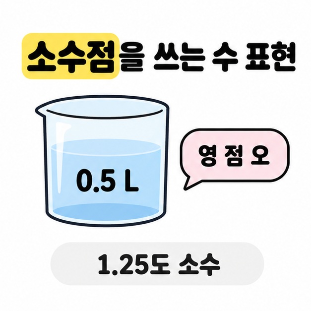 0.5리터 계량 용기와 영 점 오 읽는 법 및 1보다 큰 소수의 예시