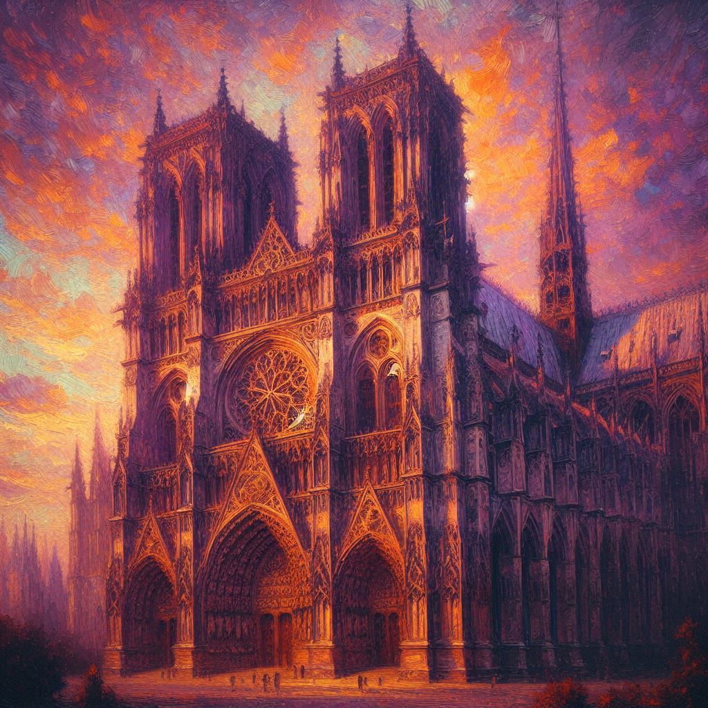고딕 대성당 외관, 석양 빛, 모네 스타일, 따뜻한 주황과 자주색 톤