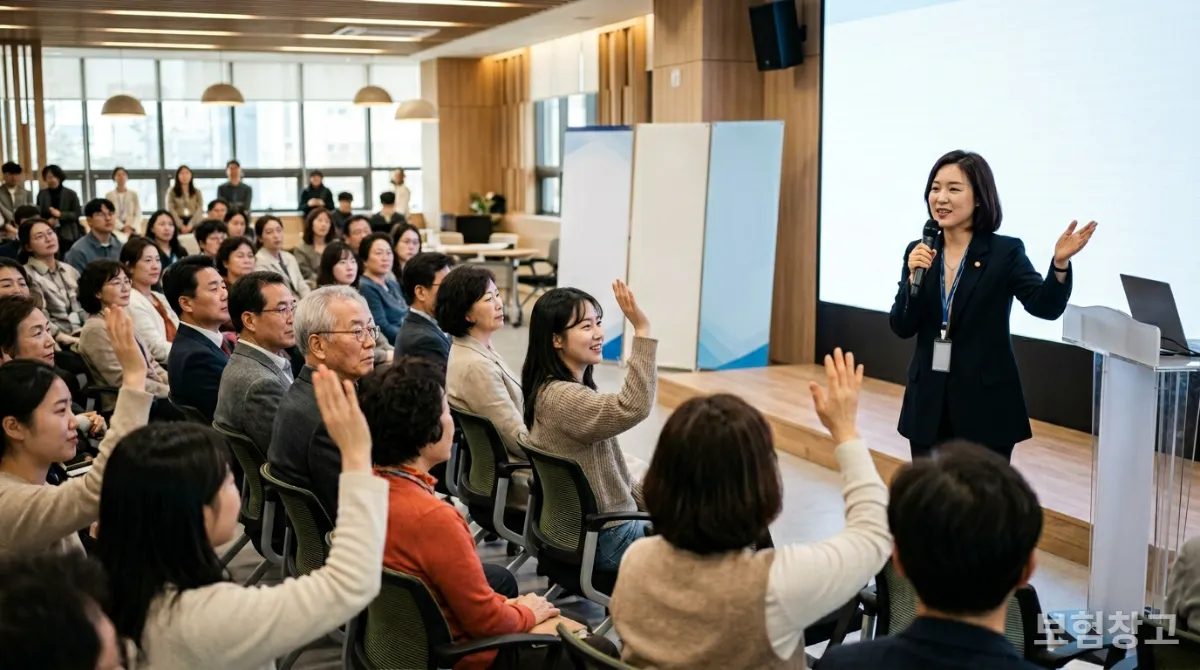 다양한 연령대의 한국인들이 공공기관에서 보험 소비자 보호 강화 및 민원 처리 간소화에 대한 설명을 듣는 모습
