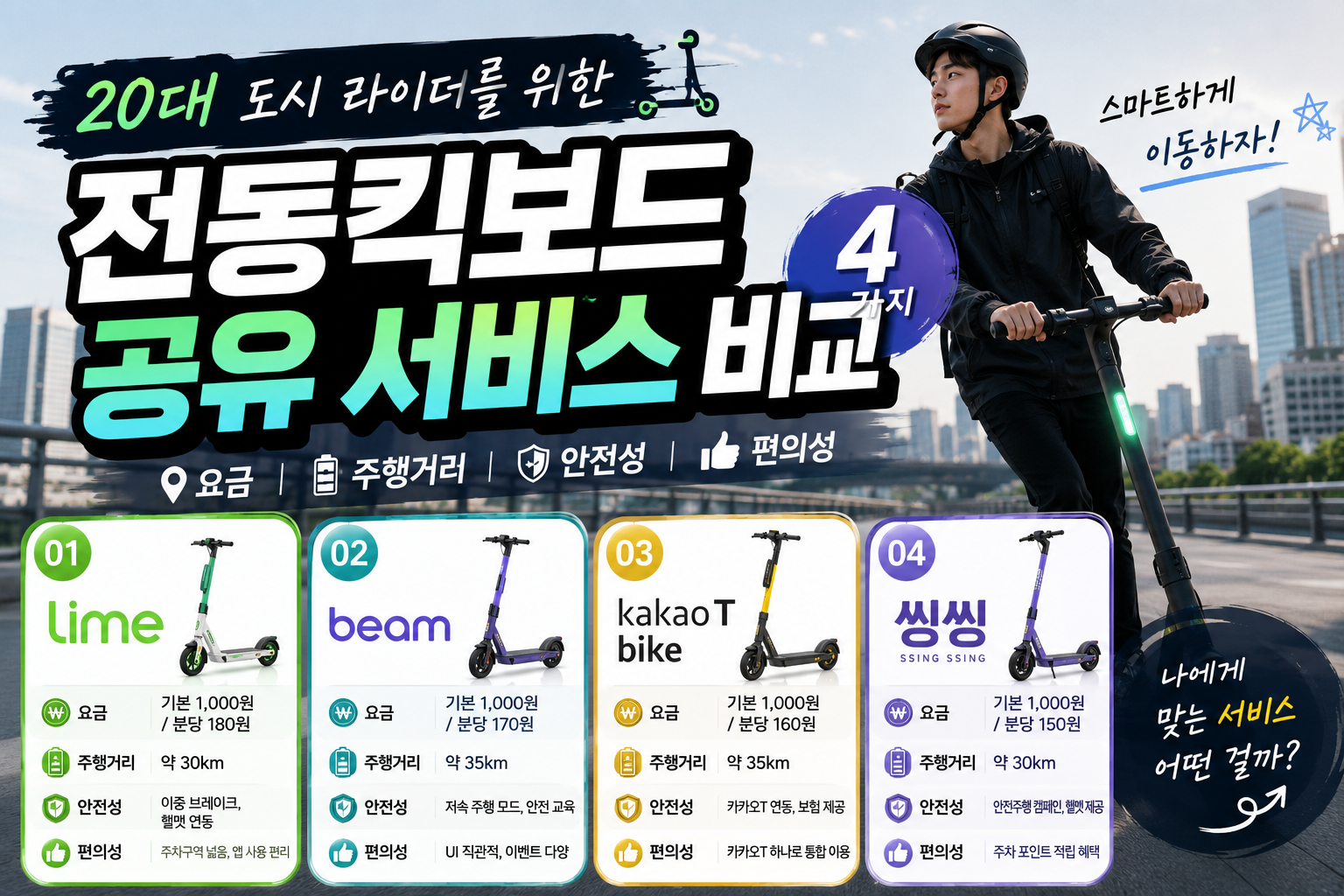도시 라이더를 위한 전동킥보드 공유 서비스(4가지) 비교