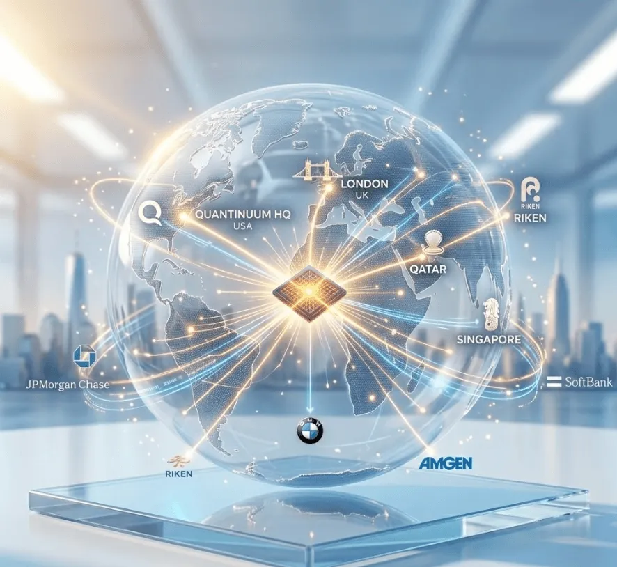 퀀티넘 IPO: 전문적이고 미래 지향적인 3D 렌더링 이미지로, 투명한 지구본 위에 구축된 Quantinuum의 글로벌 파트너십 네트워크를 보여줍니다. 지구본 중심인 미국 본사에서 빛나는 데이터 스트림이 뻗어 나가며 싱가포르(머라이언 아이콘), 카타르(진주 아이콘), 영국 런던(타워 브리지 아이콘), 일본 RIKEN 등 주요 글로벌 파트너 지점과 연결됩니다. 또한 JPMorgan Chase, BMW, Amgen, SoftBank 등 주요 엔터프라이즈 파트너 로고가 네트워크에 통합되어 있습니다. 전체적으로 전 세계에 퍼져 있는 강력한 파트너십 허브와 퀀티넘의 글로벌 확장 전략을 상징합니다. (Quantinuum, global partnership, network, global expansion, quantum computing, Singapore, Qatar, London, RIKEN, JPMorgan Chase, BMW, Amgen, SoftBank, 3D rendering)