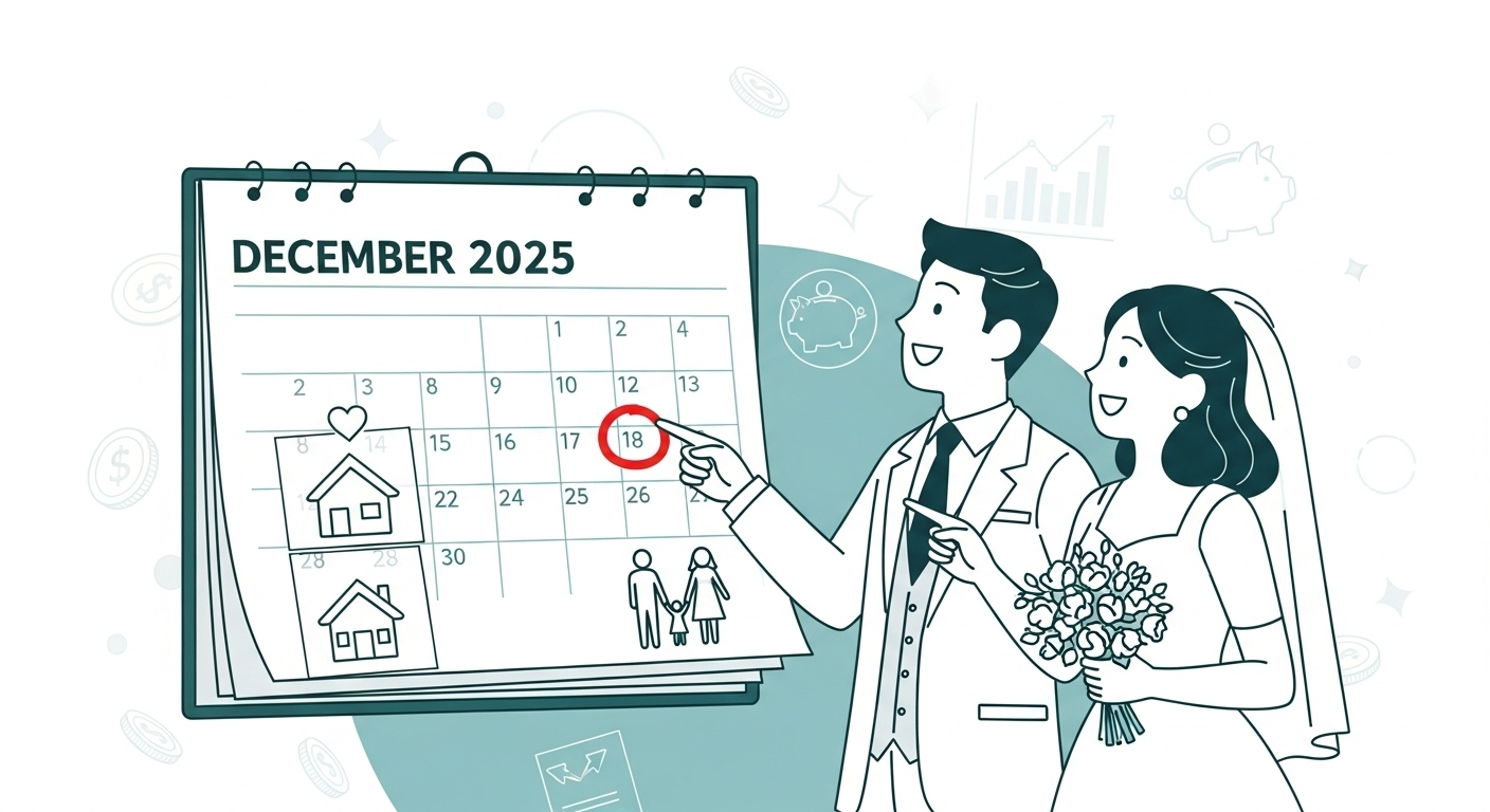 2025년 12월 달력과 주택, 가족 아이콘을 보며 웃고 있는 신혼부부의 모습, 결혼세액공제를 암시
