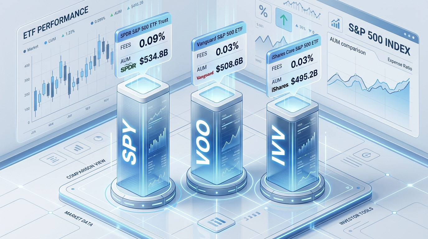 SPY, VOO, IVV 세 종목의 로고와 운용 보수, 규모를 한눈에 보여주는 비교 인포그래픽