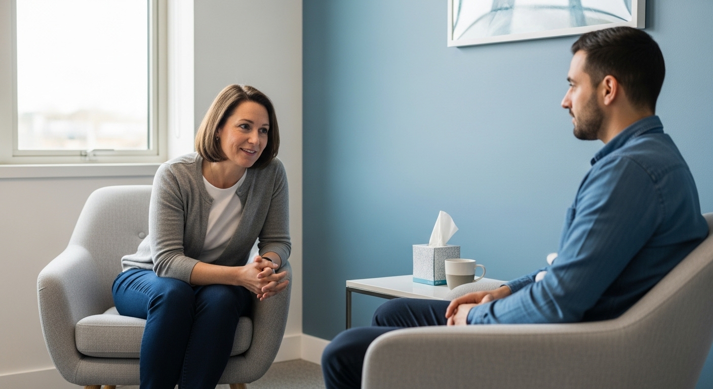 정신과 의사와 환자가 심리 상담을 통해 신뢰를 쌓으며 대화하는 모습.