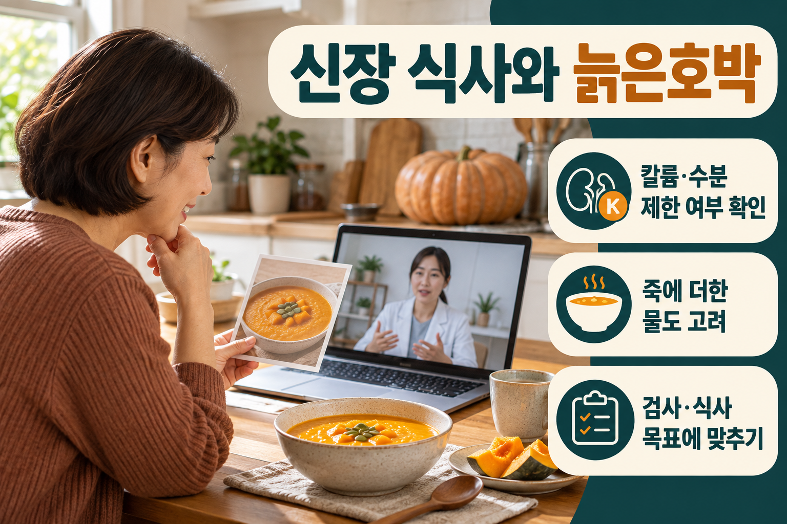 늙은호박 &middot; 수분&middot;칼륨을 얻는 장점도 제한 처방에 맞춰요 실사 인포그래픽