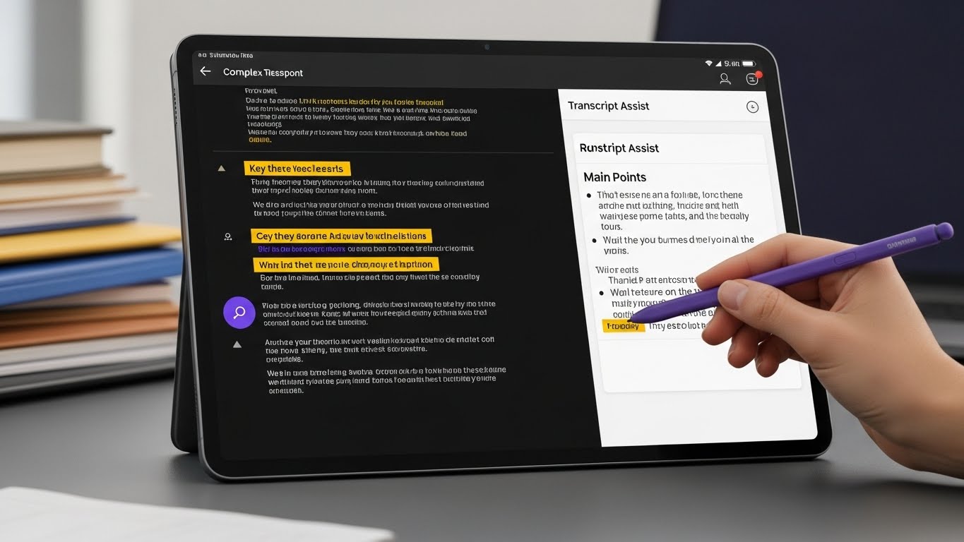 삼성 갤럭시 탭 S11 Ultra는 강의 또는 회의 녹취록을 복합적으로 표시하며, 주요 문구가 강조되고 Transcript Assist에서 생성된 요약 섹션이 있습니다.