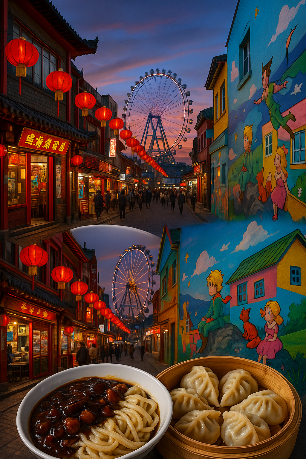 인천 차이나타운의 붉은 등롱 가로등 골목과 월미도의 반짝이는 관람차, 송월동 동화마을 벽화, 그리고 전경의 짜장면과 만두가 어우러진 풍경