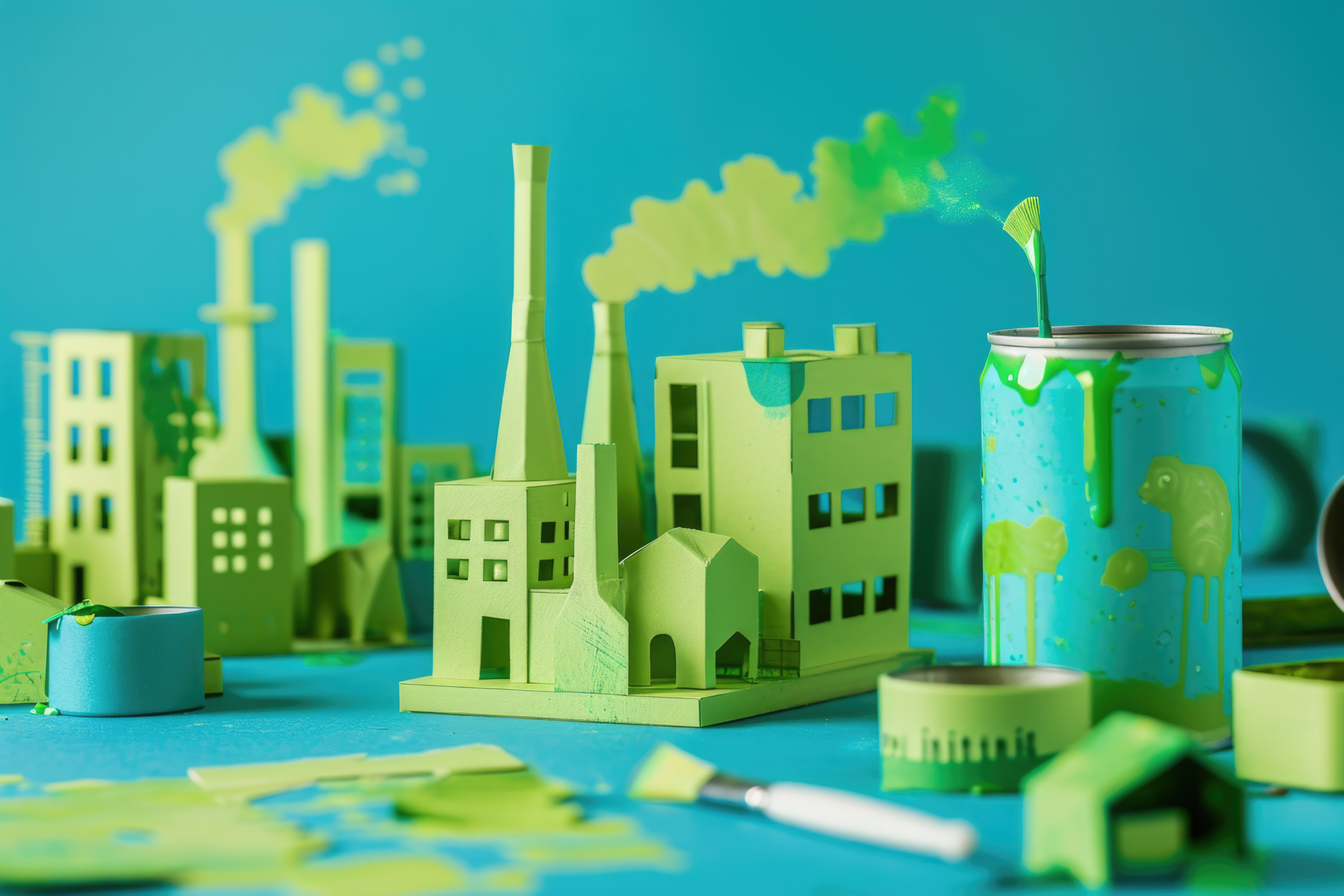 청록색 배경에 초록색 종이로 만든 공장과 건물 모형들이 놓여있고, 굴뚝에서는 노란 종이 연기가 나오고 있다. 오른쪽에는 초록색 페인트가 흐르는 유리병이 있어 그린워싱을 시각적으로 표현한 이미지.