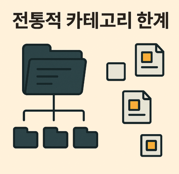 전통적 카테고리 구조의 한계를 나타낸 폴더와 문서 일러스트