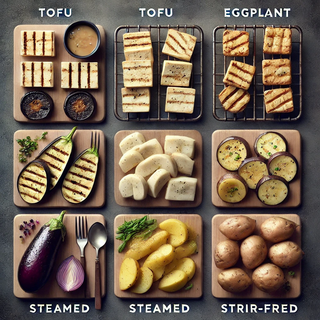 &lsquo;두부, 가지, 감자 익힘 비교 (굽기,찌기,볶기)