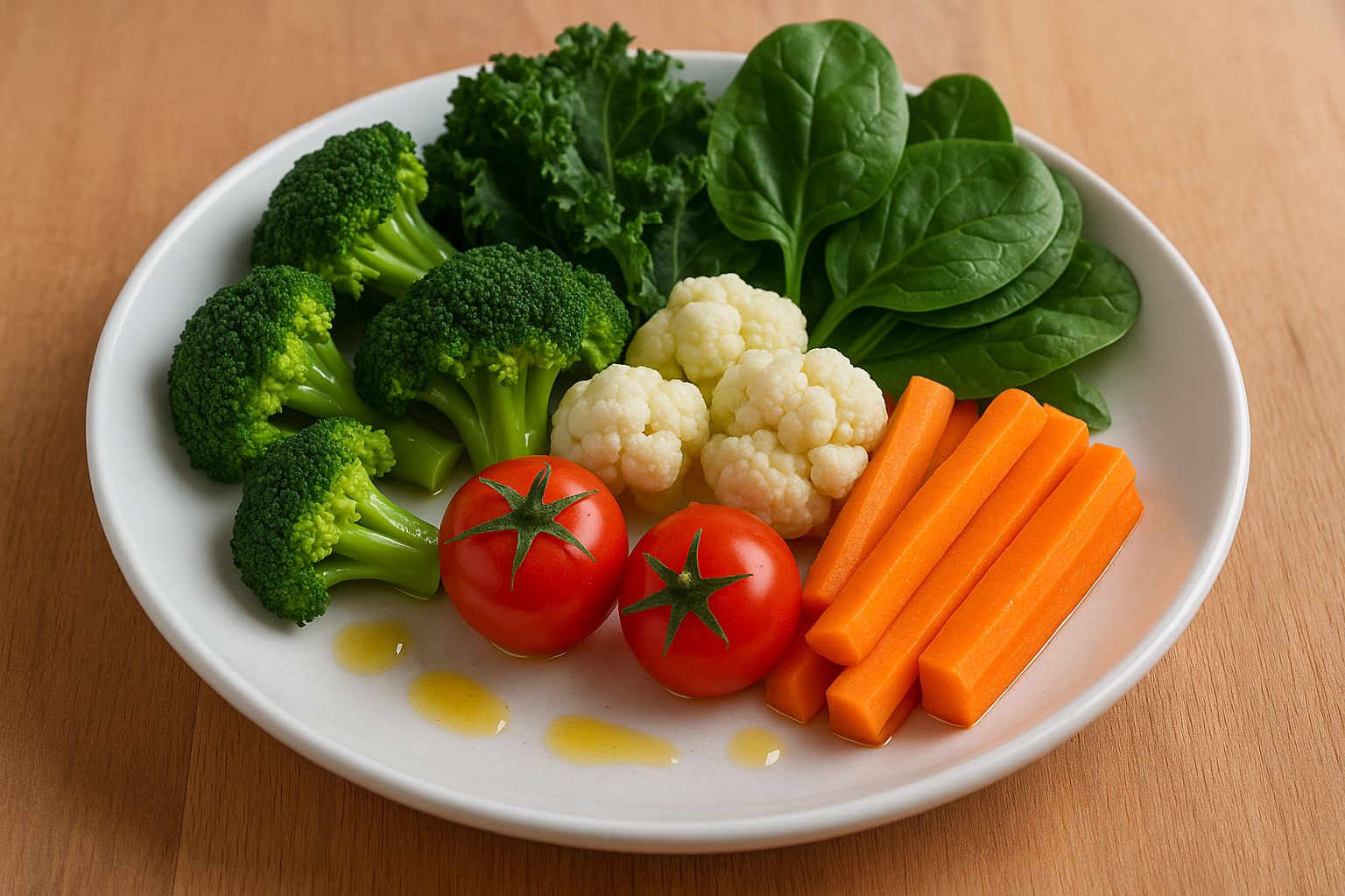 브로콜리·콜리플라워·케일·시금치와 당근·토마토가 함께 담긴 접시