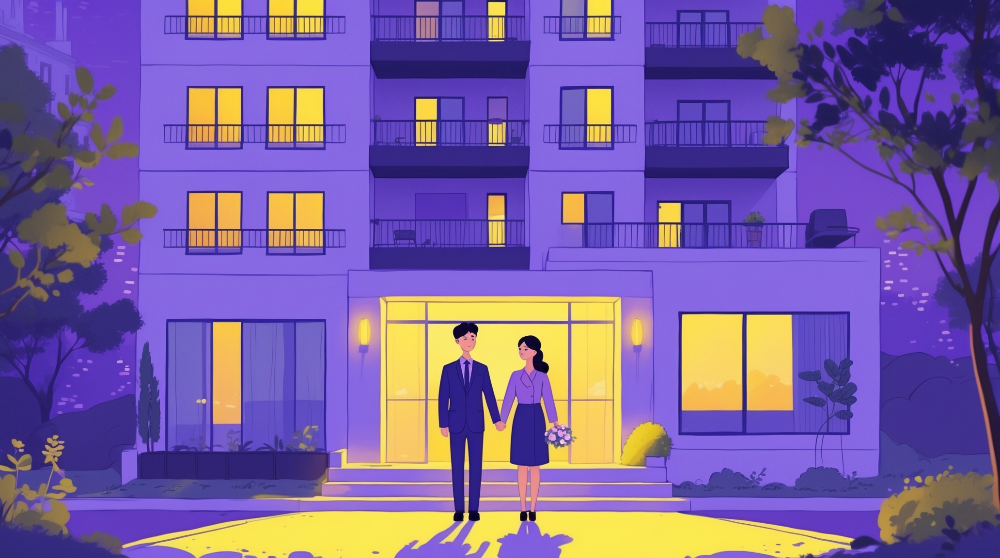 보라색과 노란색 조명의 아파트 앞에서 손을 잡고 행복하게 서 있는 신혼부부의 모습, 신혼부부 임차보증금 지원을 통해 얻는 주거 안정과 행복을 상징