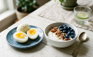 계란 2개 + 무가당 그릭 요거트 + 블루베리 한 줌 + 견과류