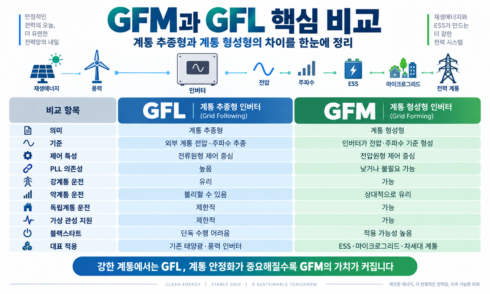 GFM과 GFL의 제어 특성 약계통 운전 가상 관성 블랙스타트를 비교한 표