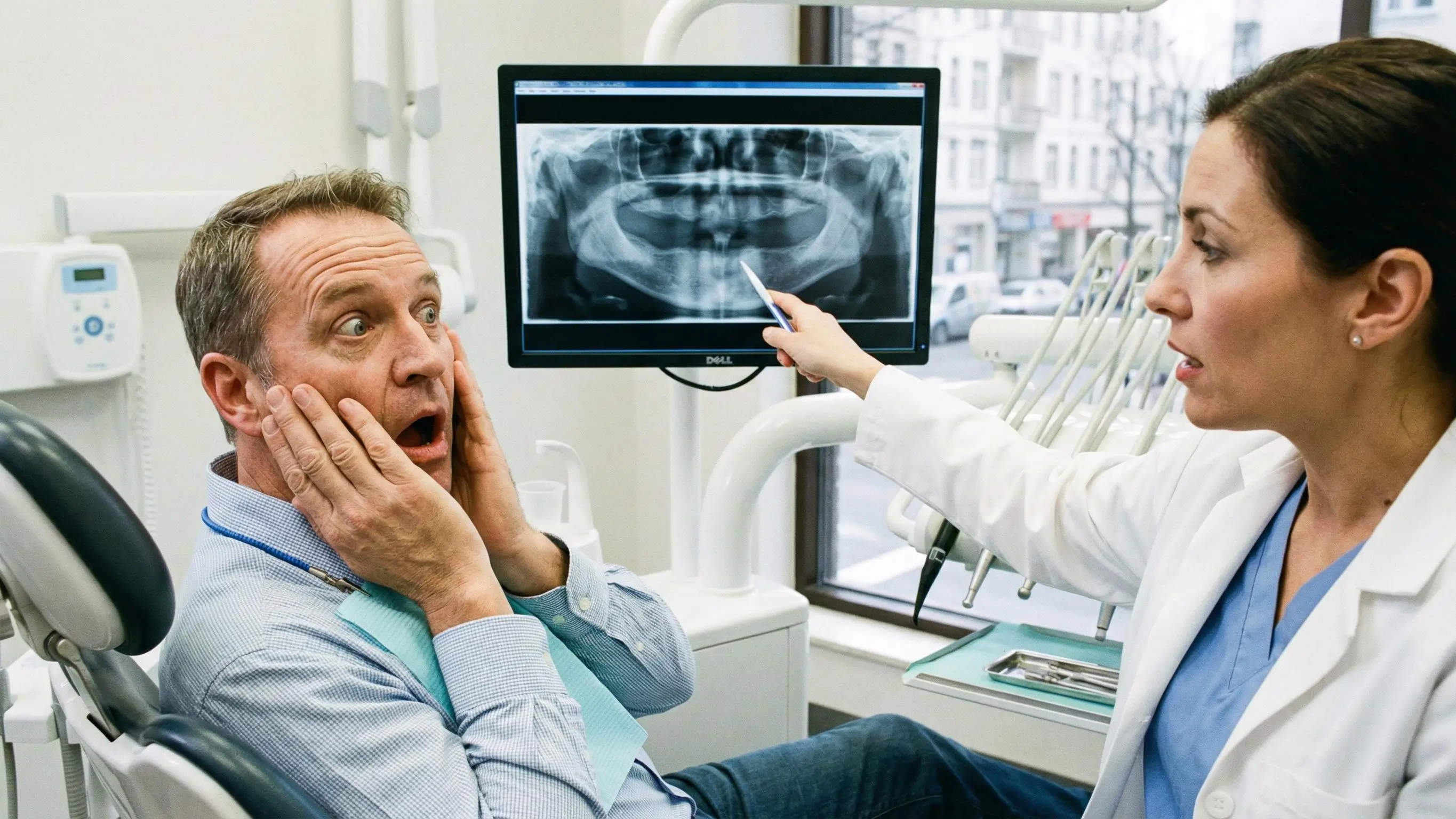 치과 엑스레이 사진을 보며 의사에게 완전 무치악 판정을 받고 당황하는 환자의 모습