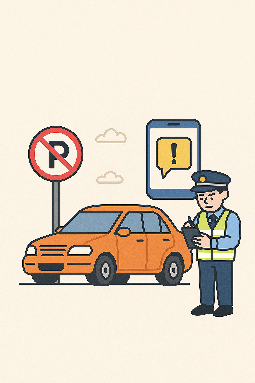 주정차 단속 알림 서비스 일러스트 - 불법 주정차 차량, 단속 경찰관, 스마트폰 알림 아이콘, 주정차 금지 표지판이 포함된 그림