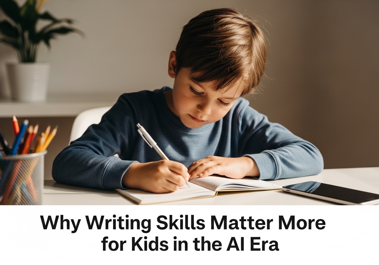 초등학생이 AI 시대에도 아날로그 글쓰기 연습을 하고 있는 모습