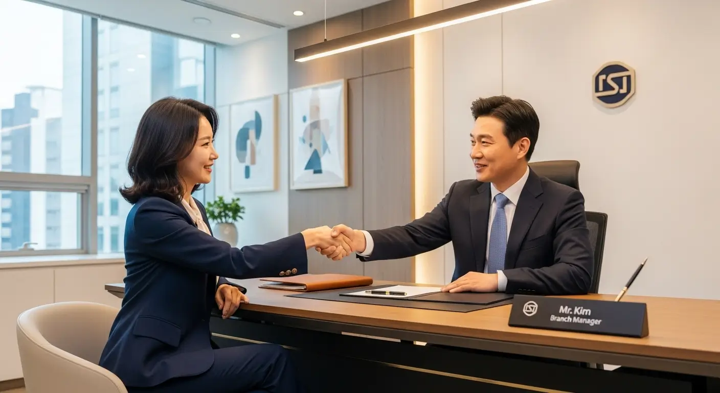 한 영주권(F-5) 고객이 VIP 금융 컨설턴트와 11 상담을 받으며, 만족스럽게 악수하는 모습