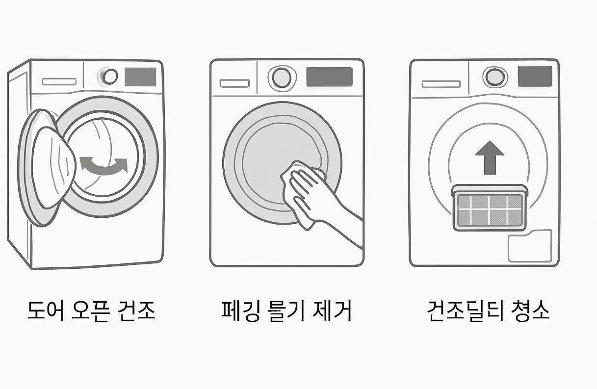 도어 오픈 건조, 패킹 물기 제거, 건조필터 청소 등 3단계 관리 일러스트.