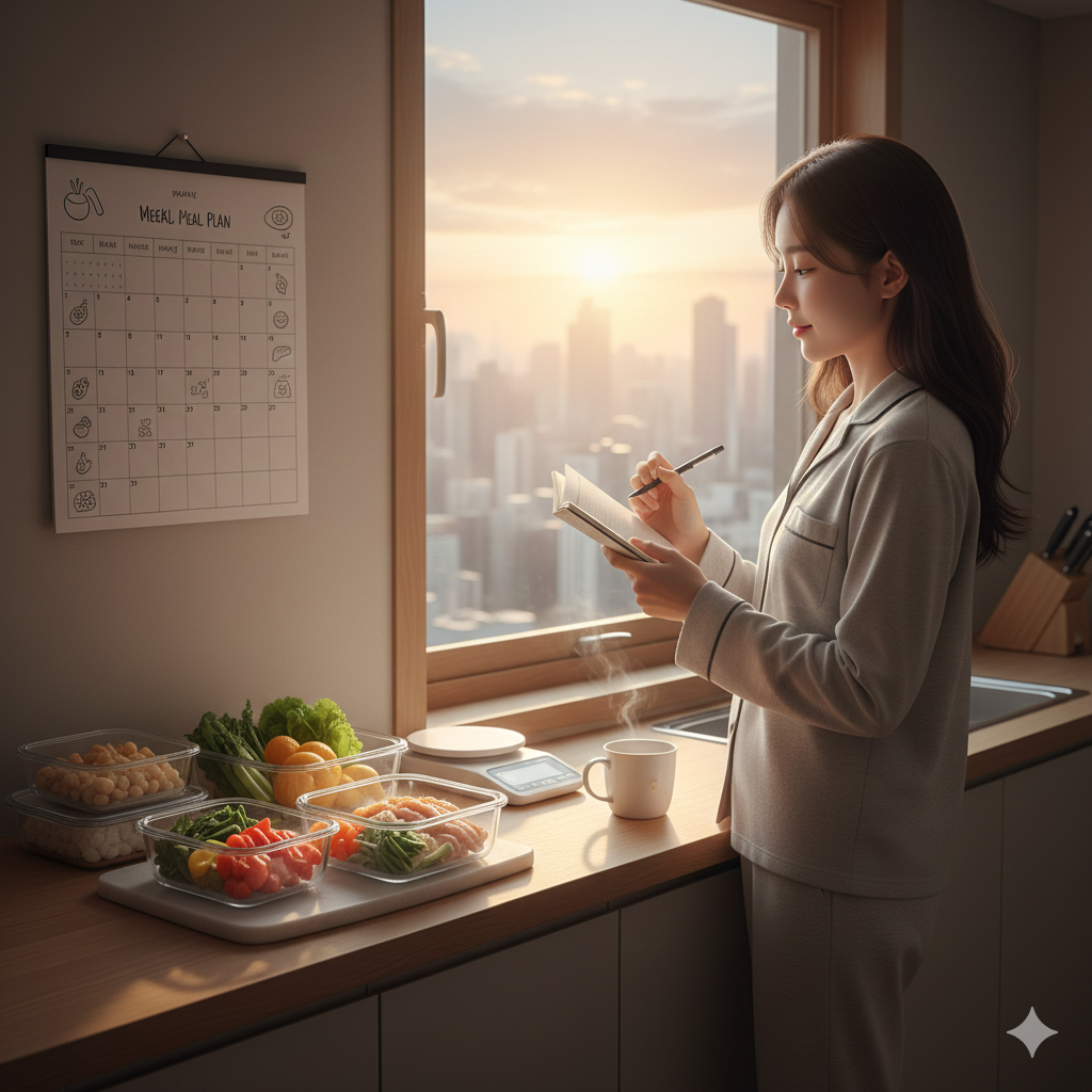 동틀 녘 도시 전경이 보이는 주방 창가에서 잠옷 차림의 여성이 수첩에 주간 식단을 기록하고 있어요. 조리대 위에는 신선한 채소, 과일 바구니와 함께 요리용 저울, 김이 모락모락 나는 머그잔이 놓여 있어요.