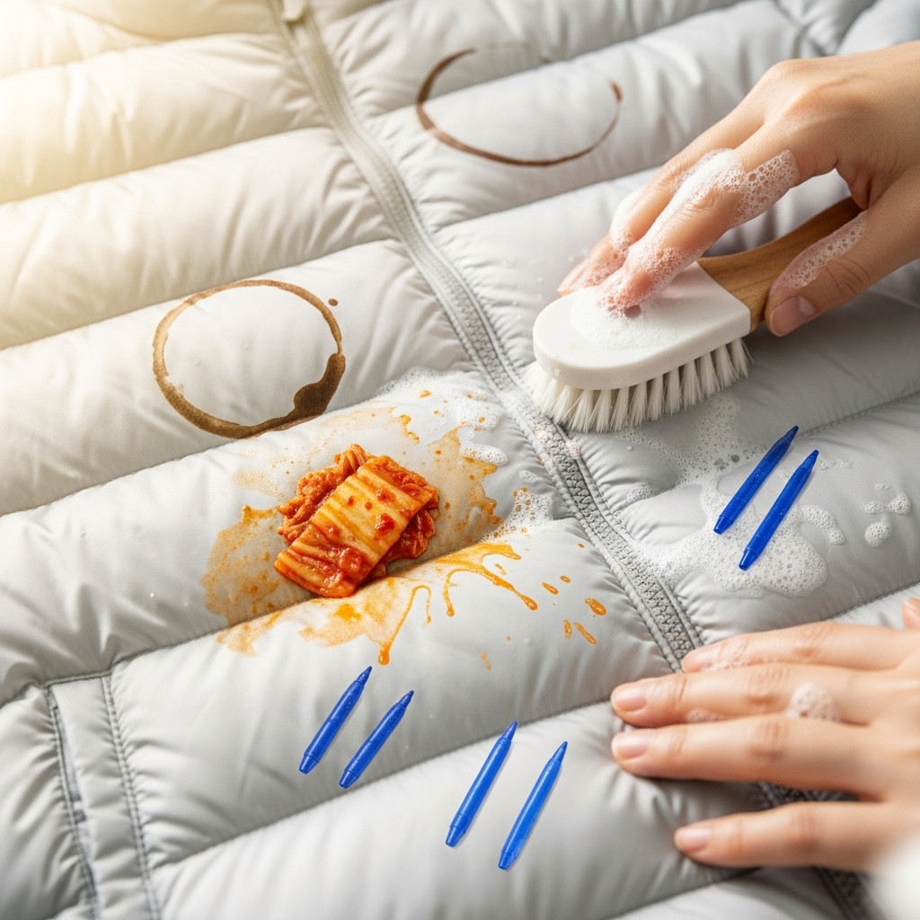 경량 패딩 위의 커피, 김칫 국물, 볼펜 자국 등을 지우는 과정