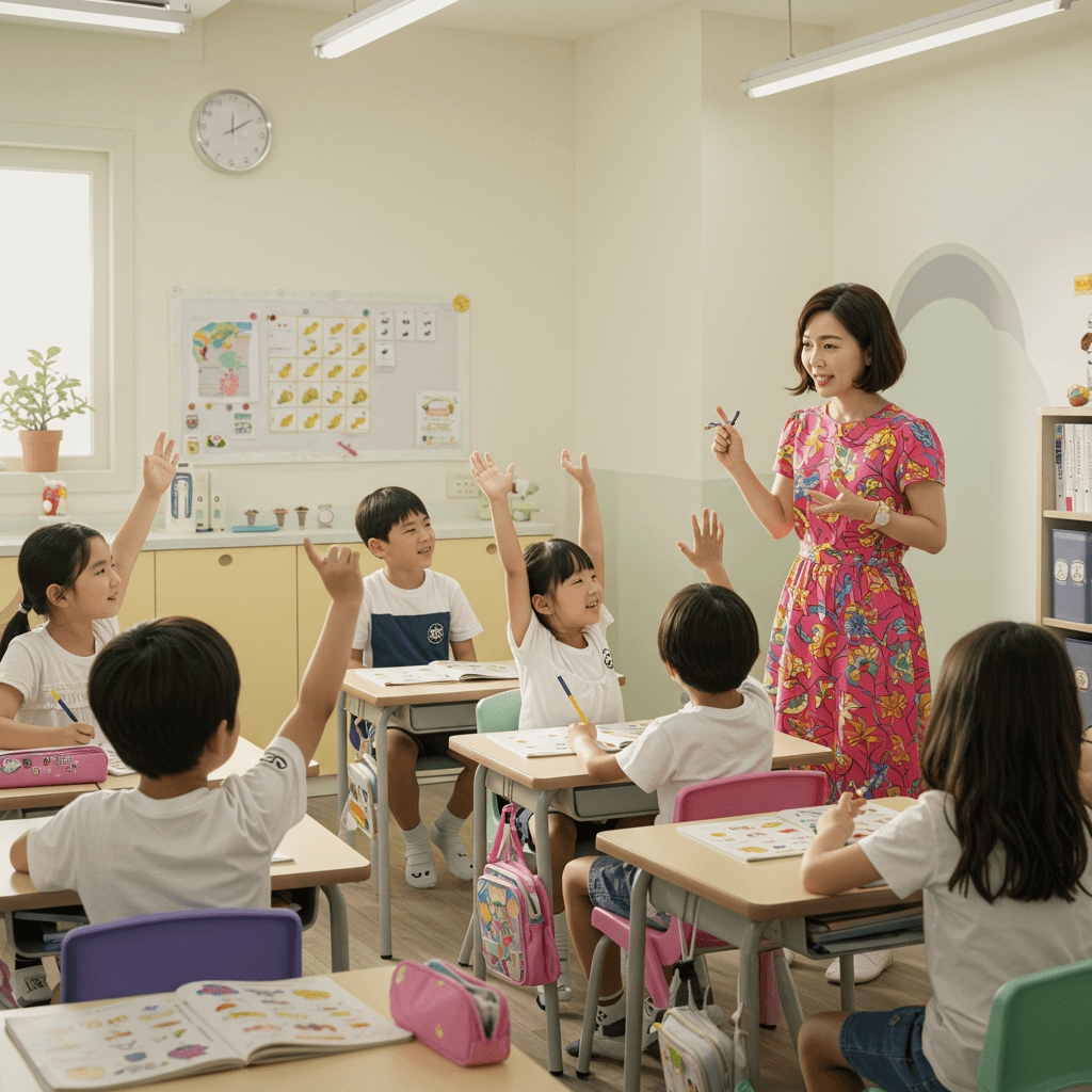 수업 중인 초등학교 교사와 학생들의 모습