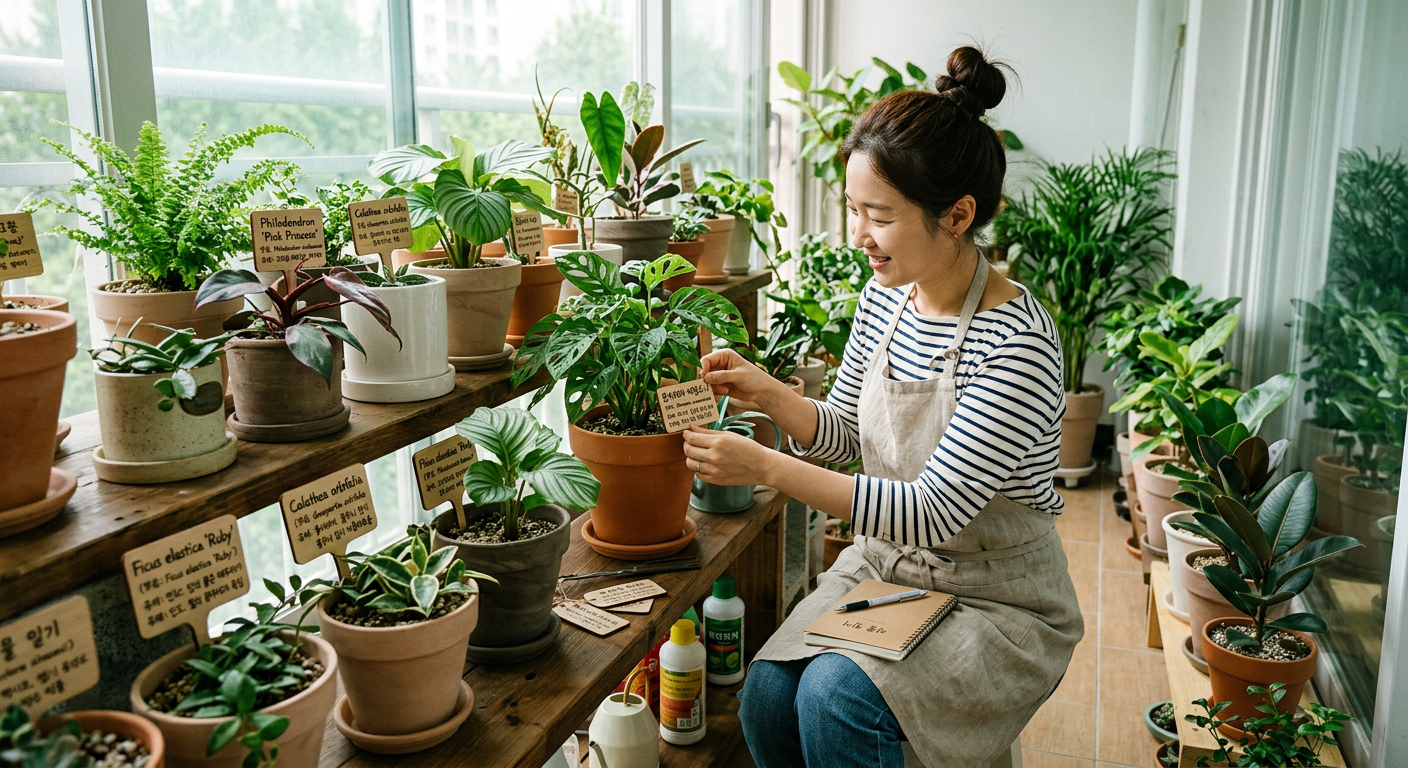 화분마다 이름표를 달아 식물 학명과 유래를 기록하며 관리하는 모습