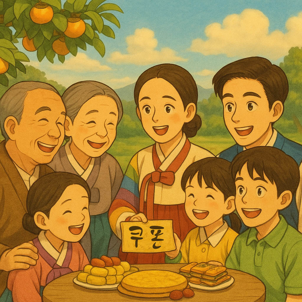 추석 분위기의 시골 마당에서 3세대 가족이 모여 웃으며 쿠폰을 들고 즐겁게 대화하는 장면&amp;#44; 전통음식과 따뜻한 분위기 강조