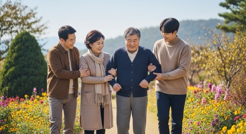 가족이 노인을 부축하며 걷는 모습