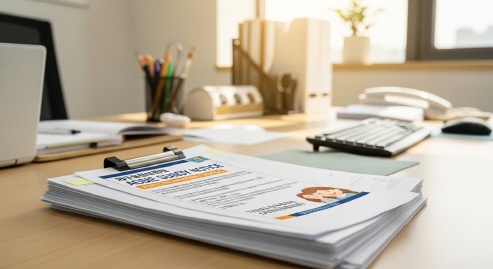 밝은 사무실 책상 위 보조금 안내문