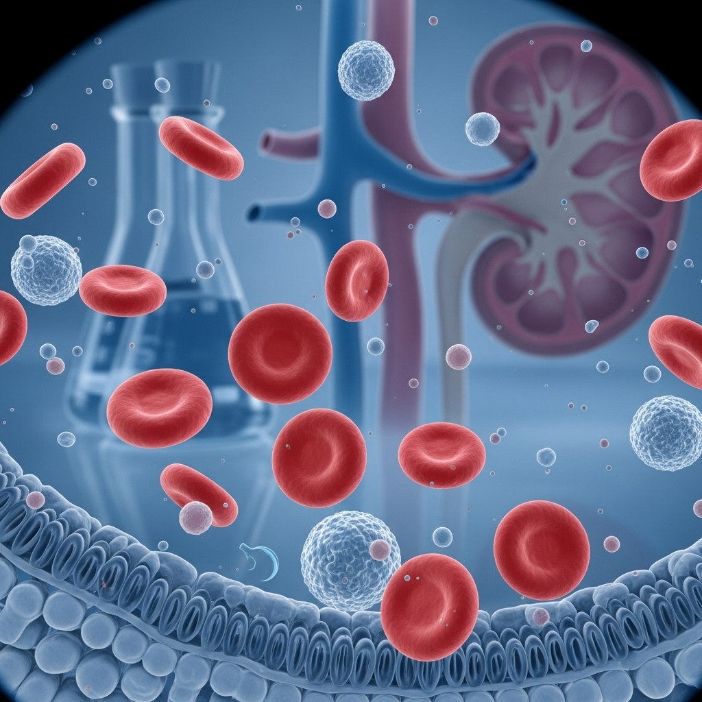 현미경으로 본 소변 속 적혈구 이미지. 현미경적 혈뇨를 상징합니다.