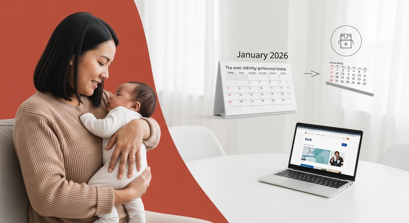 따뜻한 햇살 아래 아기를 안고 미소 짓는 부모의 모습. 2026년 1월 달력과 은행 웹사이트가 보이는 배경은 육아휴직 주담대 원금 상환 유예로 인한 안도감을 상징합니다.
