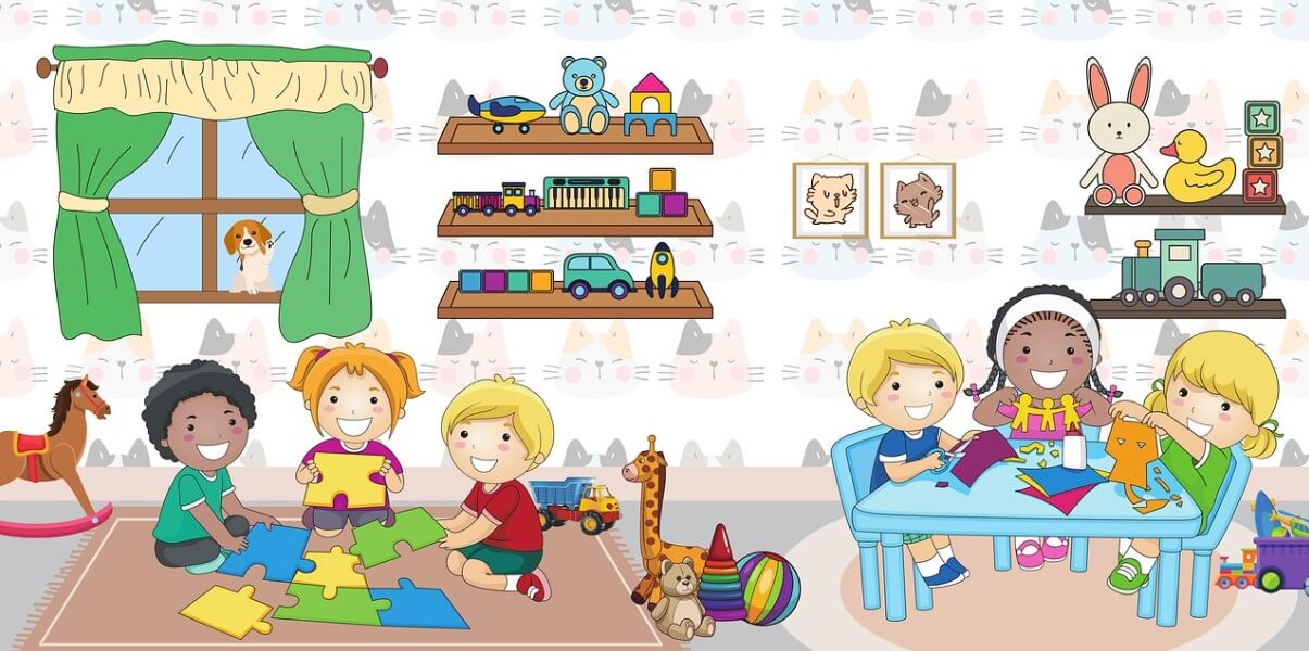 유치원 실내에서 놀고 있는 어린이들