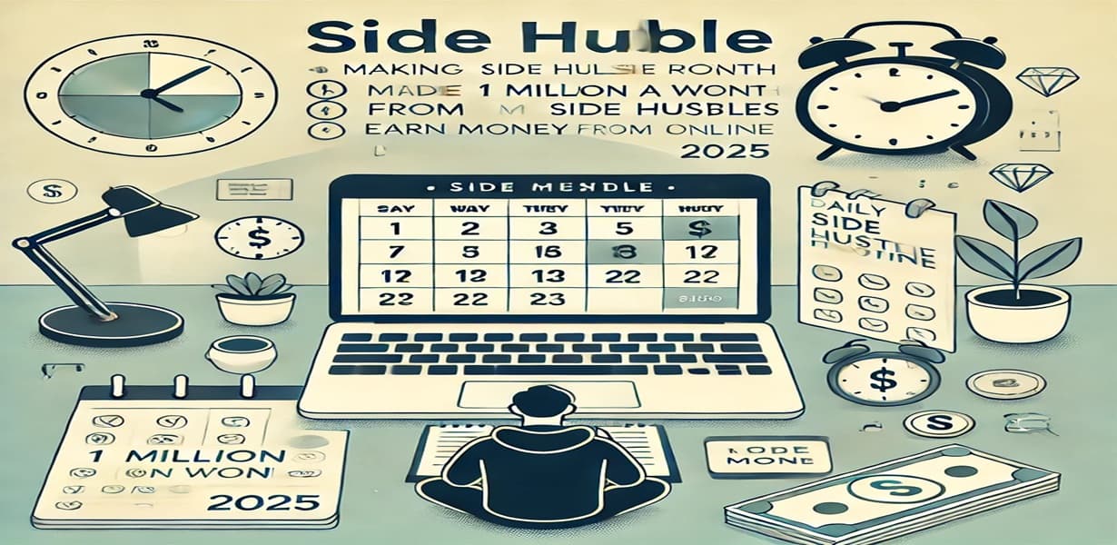 2025년 부업 루틴 및 시간 관리 인포그래픽 – 달력, 체크리스트, 수익 목표를 향한 루틴 구성 시각화