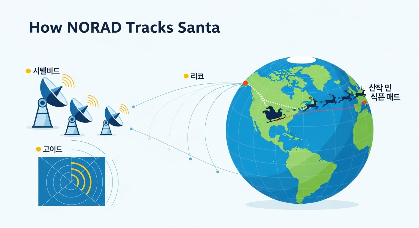 NORAD 산타 추적 서비스의 작동 원리를 설명하는 현대적인 인포그래픽. 위성, 레이더, 산타 경로가 표시되어 있다.