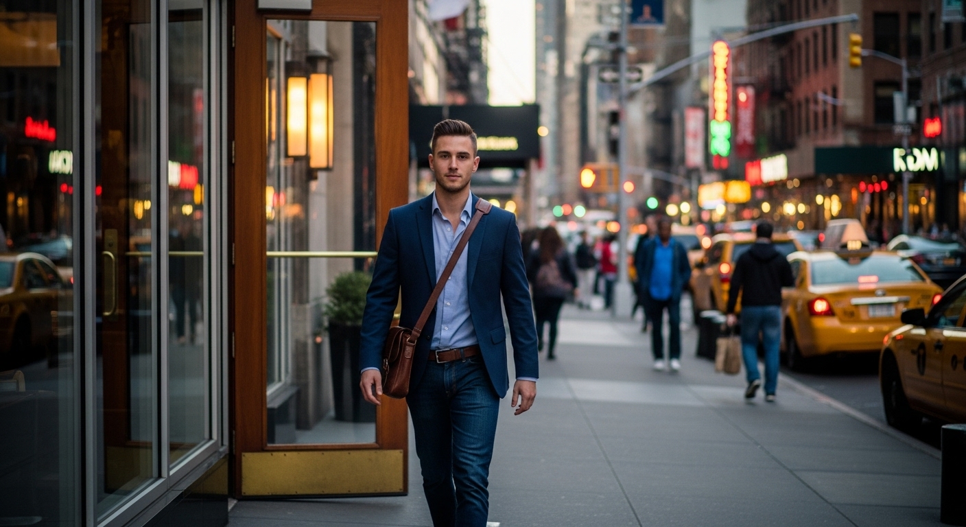혼밥 후 식당을 나서며 당당하고 독립적인 모습으로 걷는 사람. 자립 능력 향상을 보여줍니다.