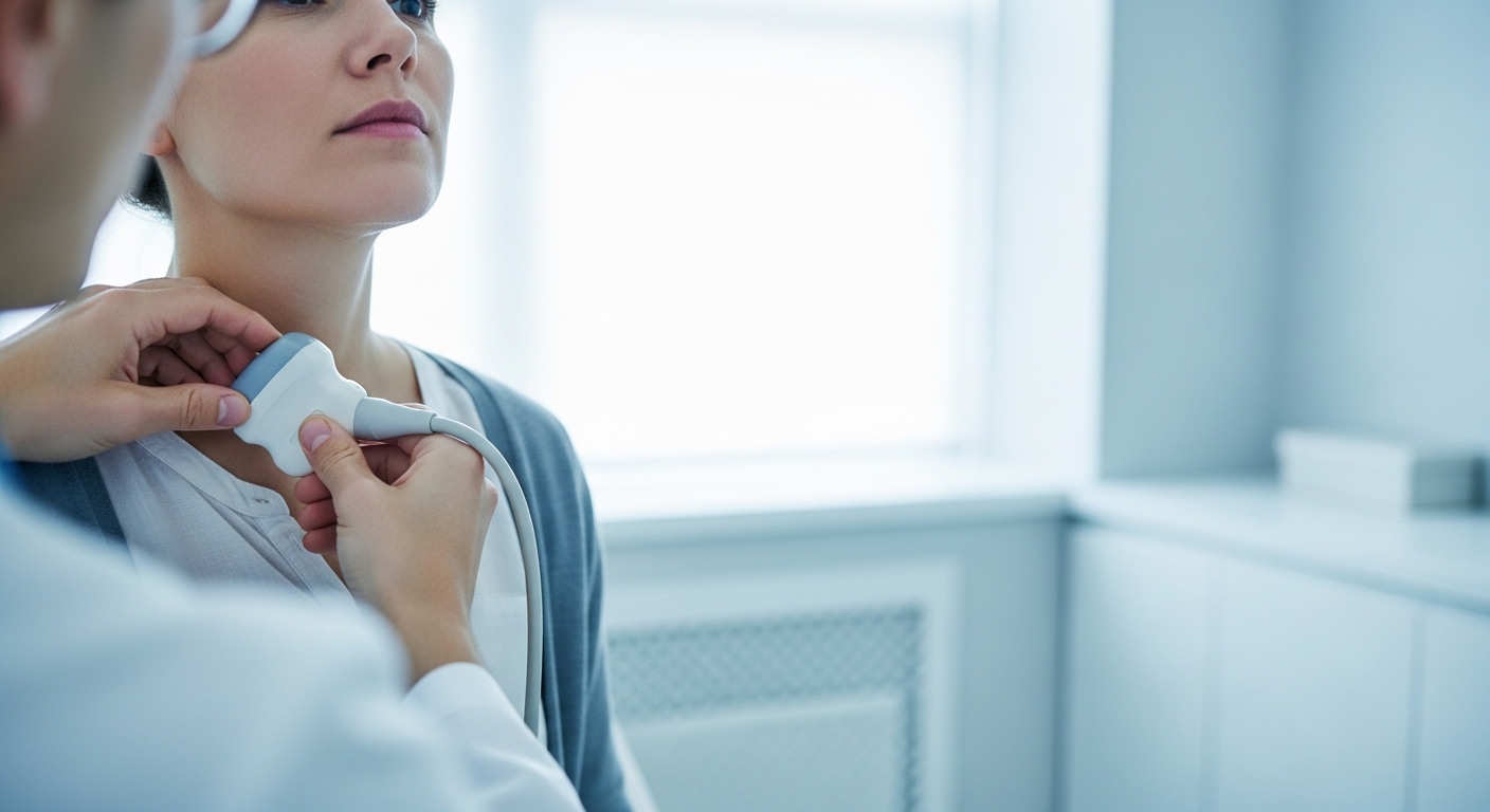 의사가 환자의 목을 초음파로 검사하며 갑상선암의 조기 발견과 정기 검진의 중요성을 보여주는 장면