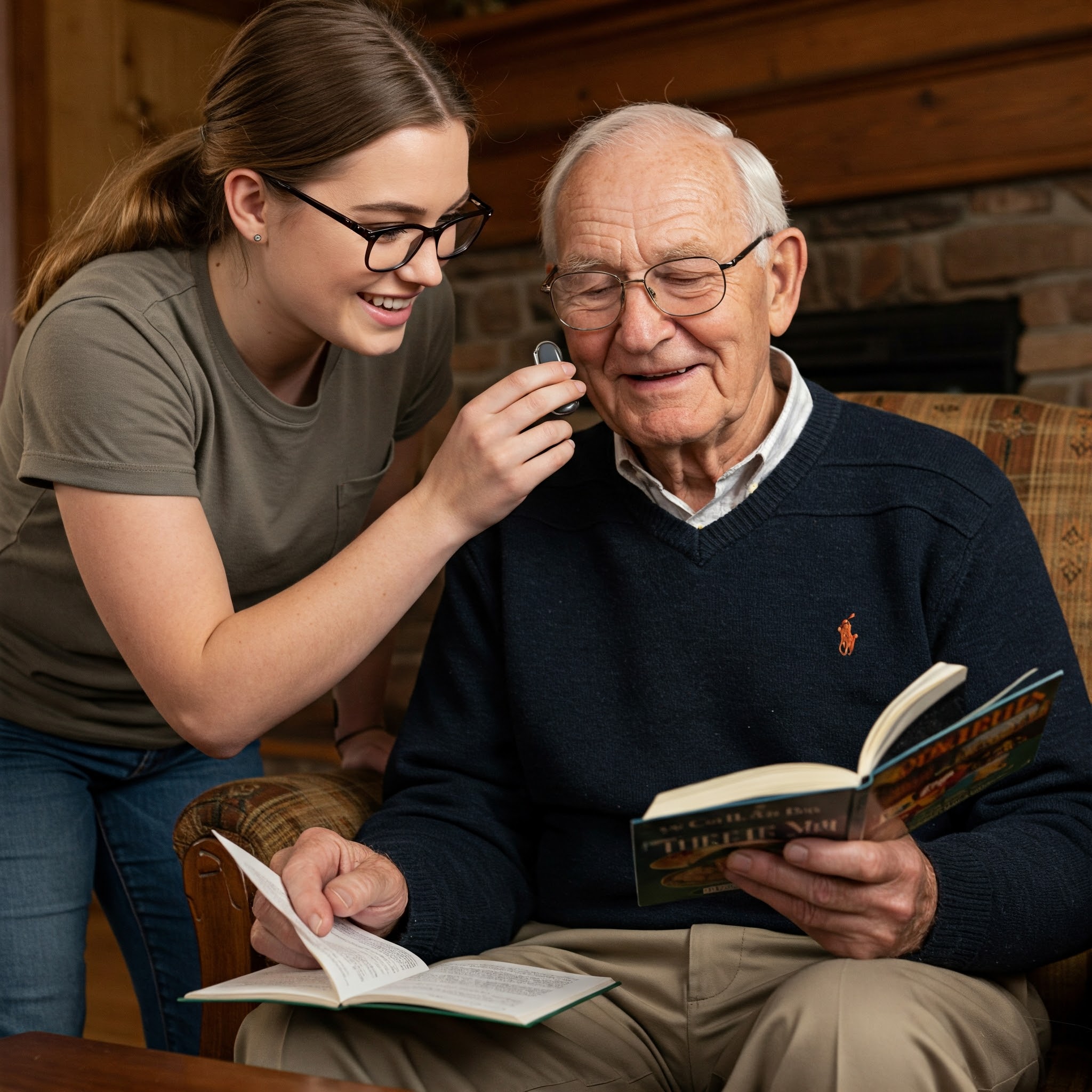 보청기를 착용하신 할아버지를 옆에서 봉사하는 학생사진