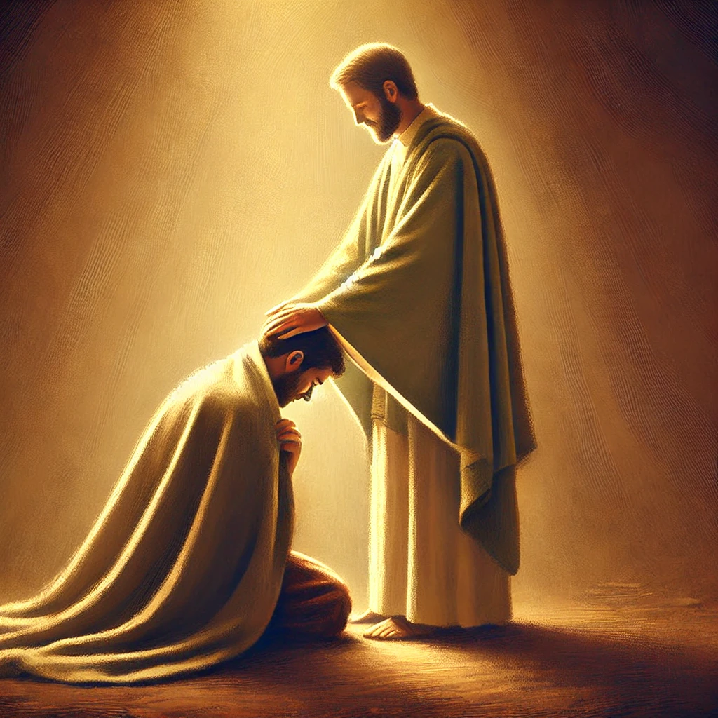 창세기 9장 23절 말씀을 묵상하며, 동료나 가족의 수치를 드러내기보다 조용히 덮어주고 그들을 위해 축복하며 세워주는 모습을 표현한 그림입니다. 따뜻한 빛 속에서 부드러운 손길로 상대를 덮어주는 모습은 하나님의 은혜와 자비를 닮아가려는 삶의 태도를 잘 보여줍니다. 🕊️💛