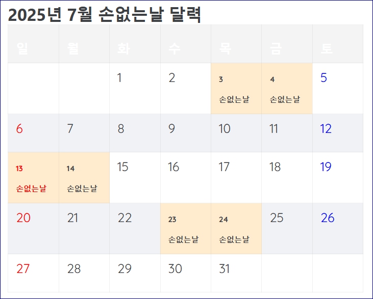 손없는날 달력 이사 결혼 개업 2025년