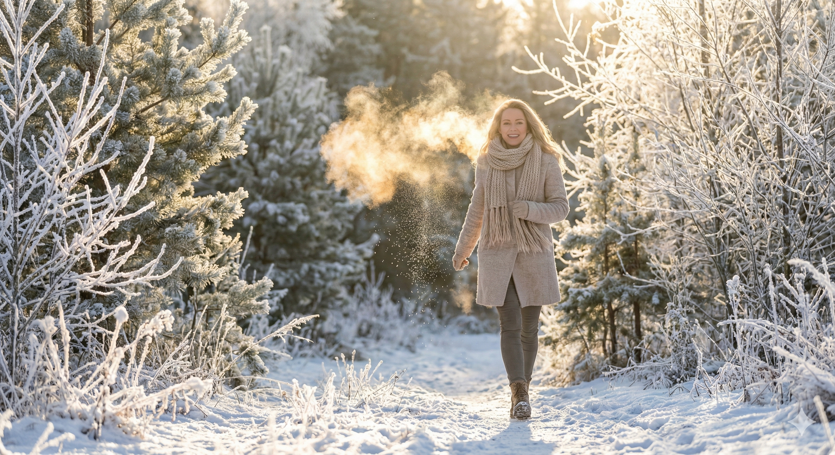 하얀 서리 꽃이 핀 숲길을 산책하며 활기차게 숨 쉬는 여성