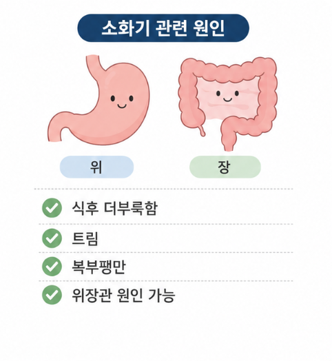 식후 더부룩함과 트림, 복부팽만 등 위장관 문제로 나타날 수 있는 윗배 통증을 정리한 이미지