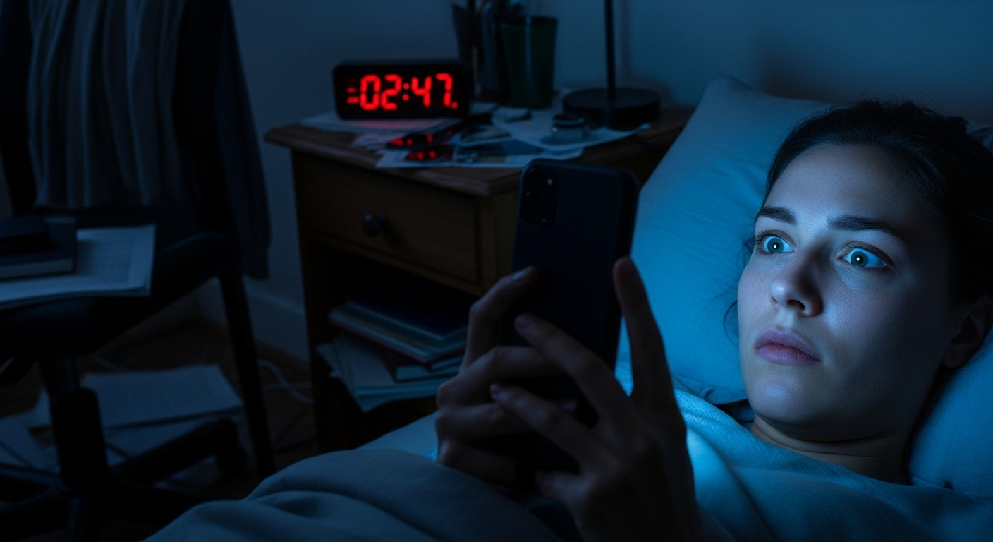 밤늦게 스마트폰을 보는 불면증에 시달리는 사람의 모습