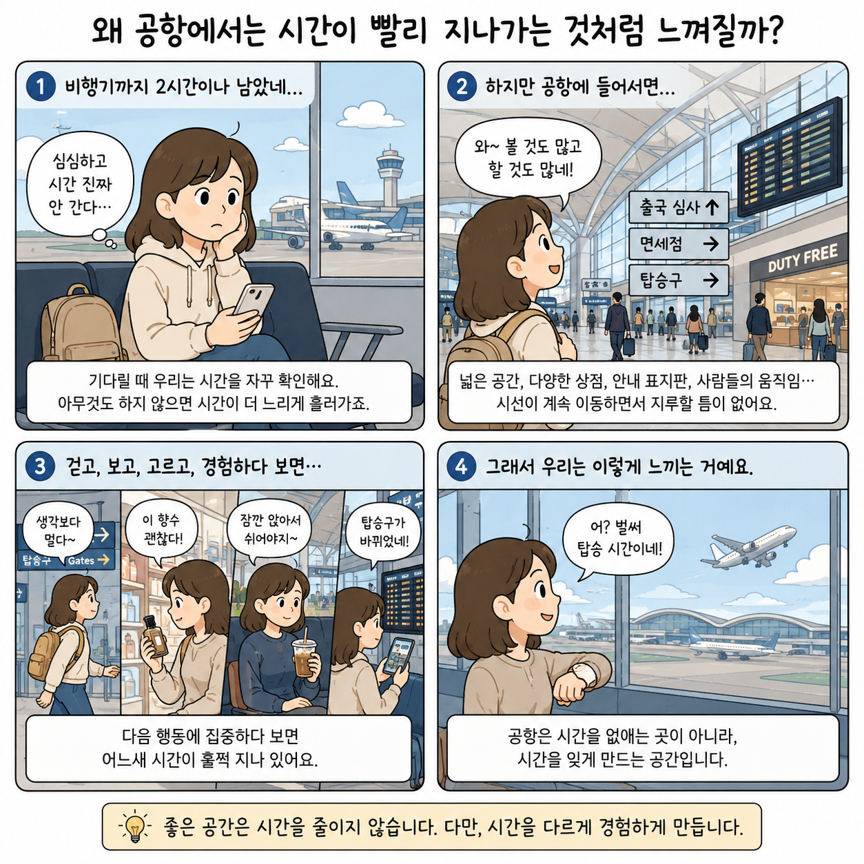 공항에서 시간이 빨리 지나가는 경험에 대한 웹툰
