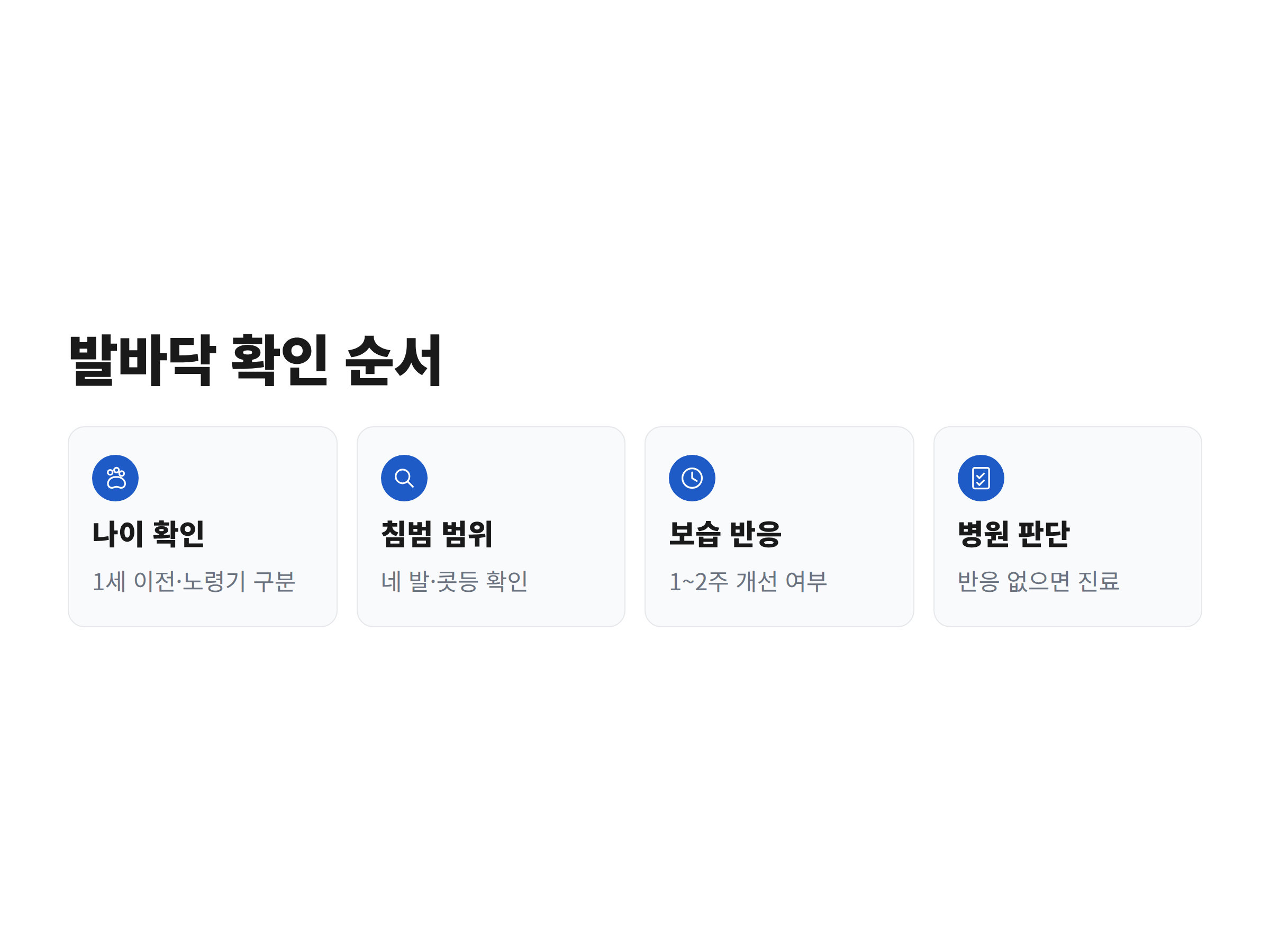 강아지 발바닥 갈라짐을 나이와 침범 범위, 보습 반응 순으로 확인해 병원 방문을 판단하는 흐름도