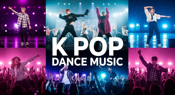 케이팝 가수들이 출연하여 흥겹게 노래부르고 춤을 추고 있고 이미지 하단부에는 관객들이 흥이나서 광난의 춤을 추고 있는 모습입니다.