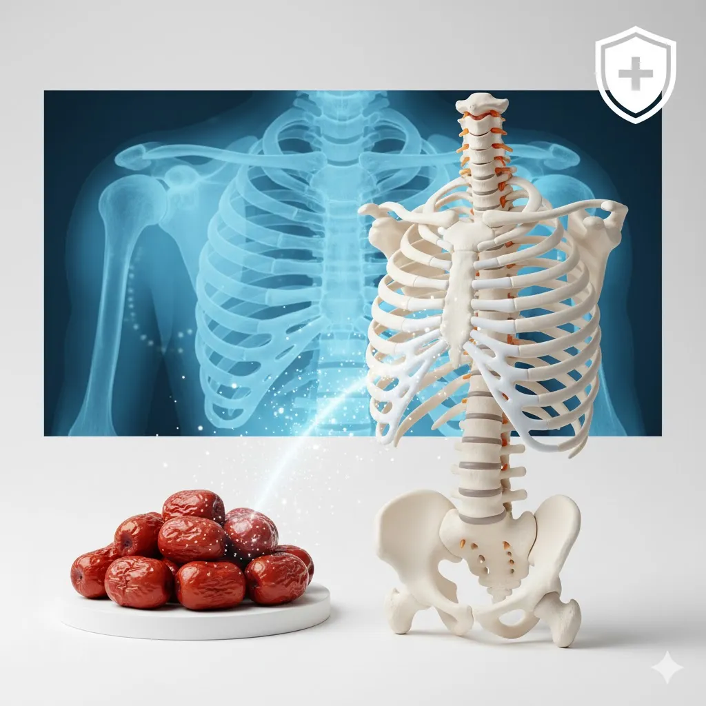의학적인 느낌이 나는 배경(예: 밝은 연구실, 간결한 흰색 배경)에 뼈의 구조를 보여주는 모형이나 그래픽적인 엑스레이 이미지가 있습니다. 그 옆에는 대추 몇 알이 놓여 있어 대추가 뼈 건강에 좋다는 점을 시각적으로 연결합니다.