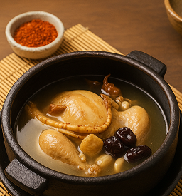 복날, 뜨거운 뚝배기에 담아 낸 삼계탕과 덧 넣을 수 있는 종지에 담긴 고춧가루